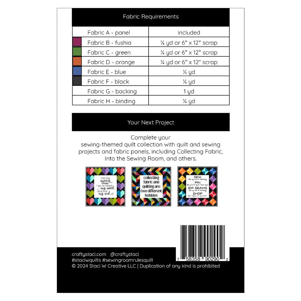 Sewing Room Rules Quilt Pattern and Fabric Panel